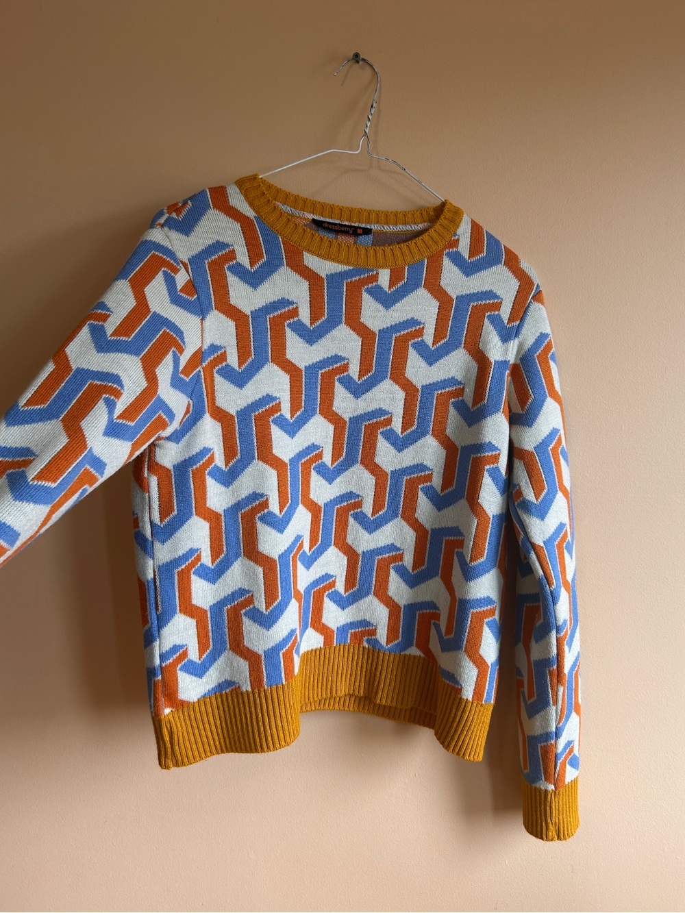 Abstract Geo-Print Crewneck Sweater in Mustard, Blue & White